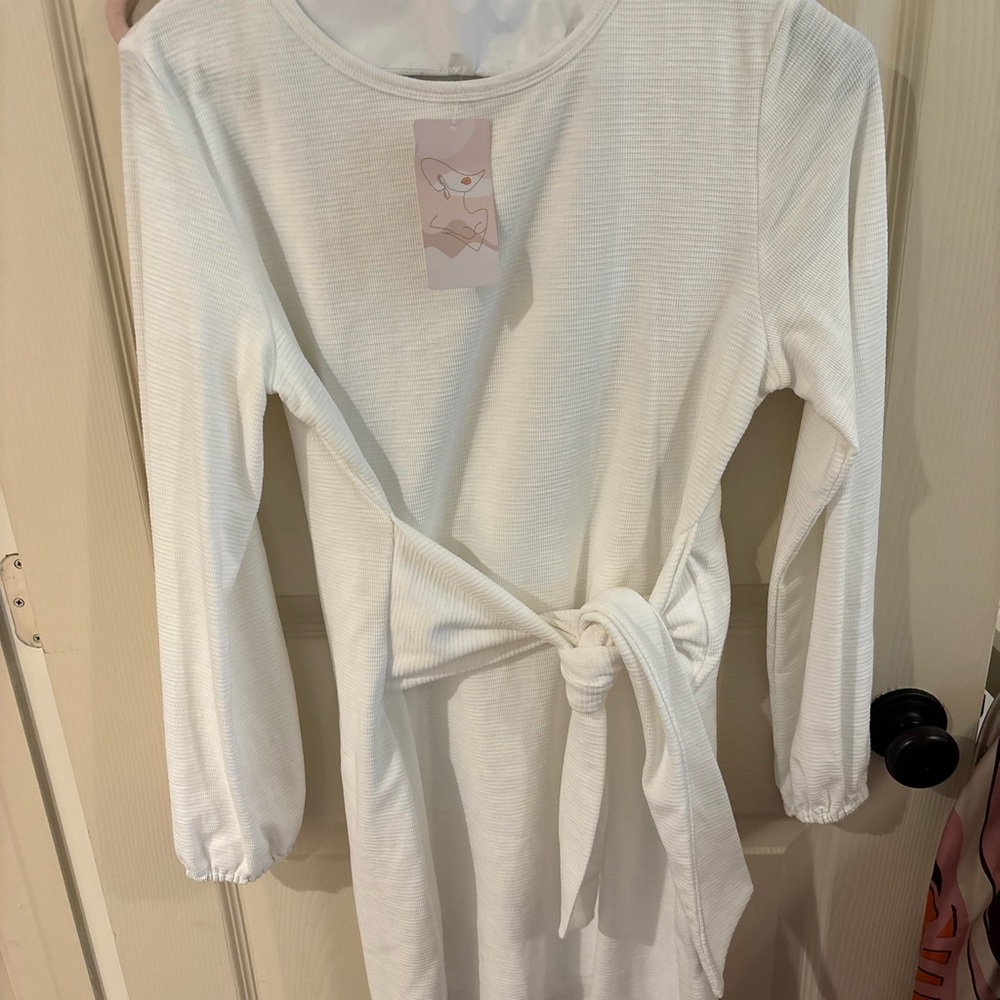 White Ribbed Long Sleeve Dress